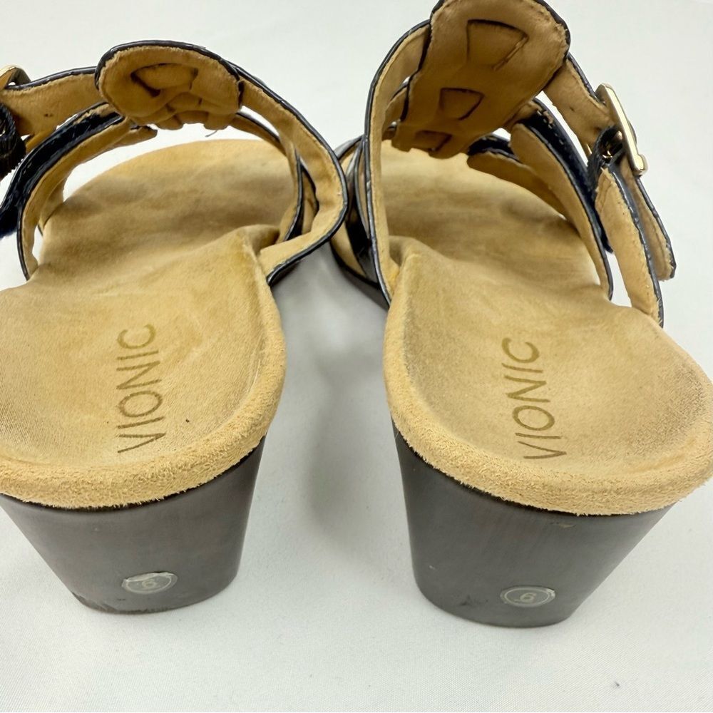 Vionic RADIA Blue Patent Reptile Embossed Triple T Strap Slide Wedge Sandals - Picture 12 of 14